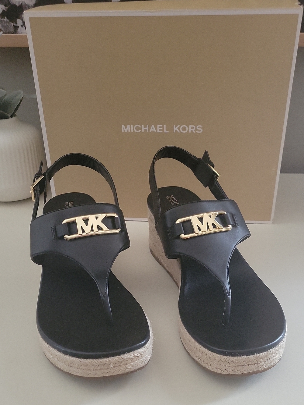 Michael Kors Black Vegan-Leather MK Logo Espadrille Wedge Sandals